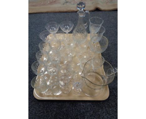 A tray of antique and later glass, decanter, waterjug etc 