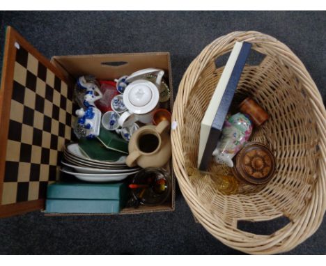 A box of china, chess board, pottery jug, place mats, two wicker baskets 