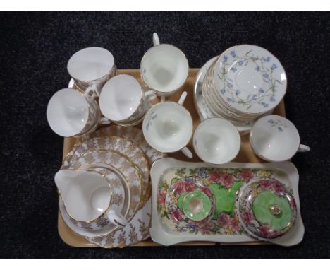 A tray of six Newcastle upon Tyne china trios, 21 piece Royal Vale tea service, three piece Maling Rosine trinket set 