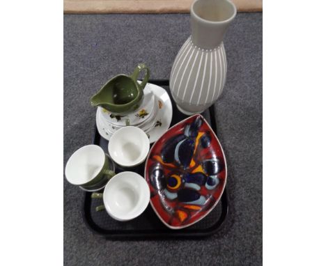 A tray of seventeen pieces of Mid Winter tea china, oval Poole pottery shallow dish and Denby vase 