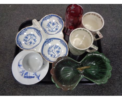 A tray of antique and later china, two Crown Devon Yorkshireman mugs, Copeland Spode finger bowl with side plates, Woods ware