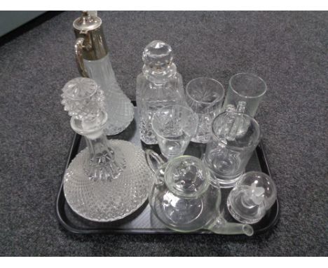 A tray of glass, whisky decanter, claret jug, tankard etc 