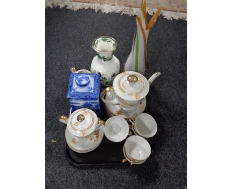 A tray of Japanese eggshell tea service, Mason's vase, lidded caddy and Art glass vase 