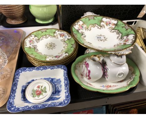 A tray of Coalport green and gilt porcelain dessert china, blue and white Shredded wheat dish, Russian Moscow Olympics 1980 L