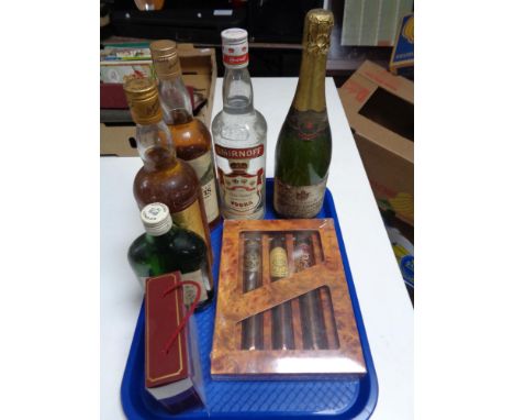 A tray of bottle of Richard Grainger champagne together with set of alcohol miniatures, four further bottles of alcohol, Glen