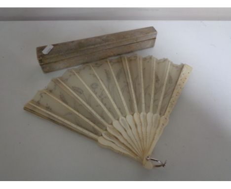 A vintage carved bone hand fan in box 
