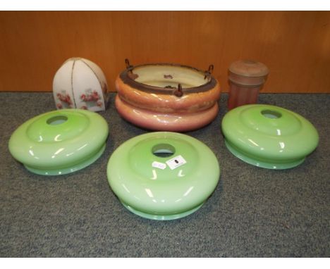 Three matching retro glass shades (lime green) and a further three glass shade  light fittings