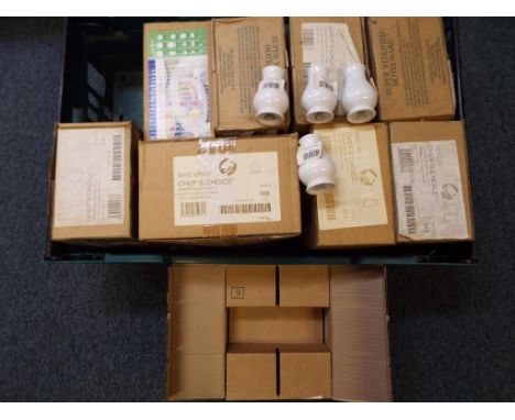 Unused Retail Stock - six boxes each containing 12 ceramic salt shakers and one box containing six 9 inch soup bowls 