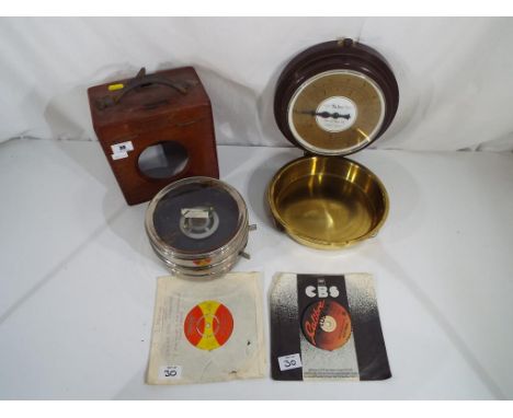 A vintage Toulet pigeon racing clock in wooden case with a variety of test certificates, a Salter wall mountable scale and tw