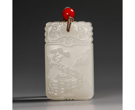 19th Century White Jade Zigang Plaque. Provenance:Important Family Collection. Condition reports and additional photographs a