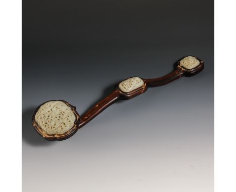 19th Century Redwood Three-Inlaid White Jade Ruyi. Provenance:Important Family Collection. Condition reports and additional p