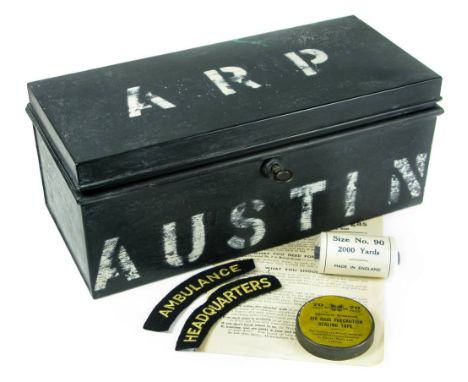 *Austin A.R.P. A factory issued 'Air Raid Precautions' metal box,  retaining some medical supplies and WWII 'gas' leaflets. T