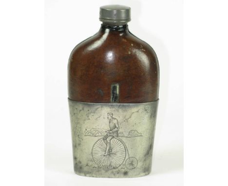 *A Cyclist's Drink Flask & Cup, being a leather covered bottle by James Dixon & Sons,  with a screw top; the silver-plated dr