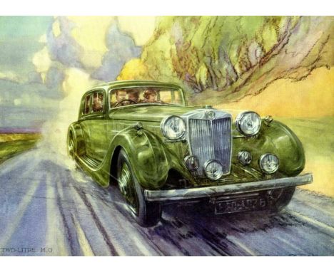 M.G. Two-Litre. A 8pp landscape brochure dating from 1936,   with a full-page colour illustration by F. Gordon Crosby, with i