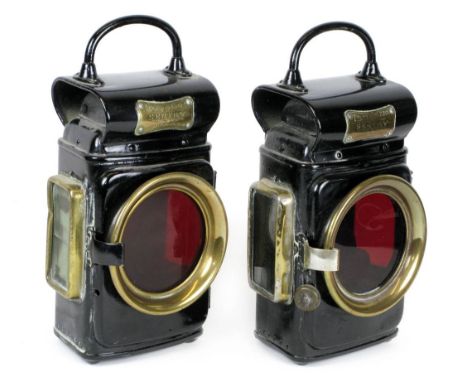 *Rear Lamps. A pair of oil-powered J. Lucas Ltd 'Sentry' C330 lamps with carrying bails and red glasses.  One side glass and 