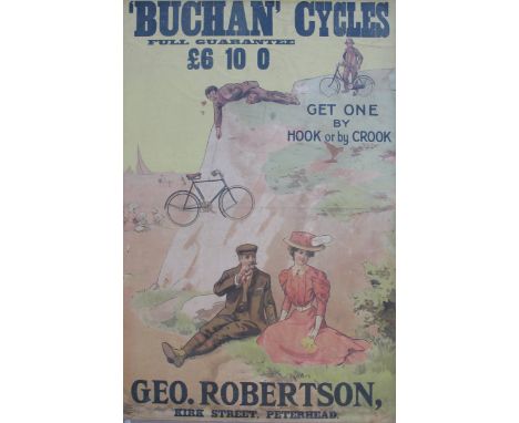 *Buchan Cycles. A large pictorial advertising poster, 'Get One by Hook or by Crook',  mounted on board and framed. This unusu
