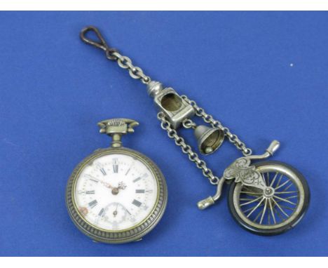*A Cycling Watch with an embossed Safety Bicycle image on the rear dust cover,  together with a watch chain fob featuring a s