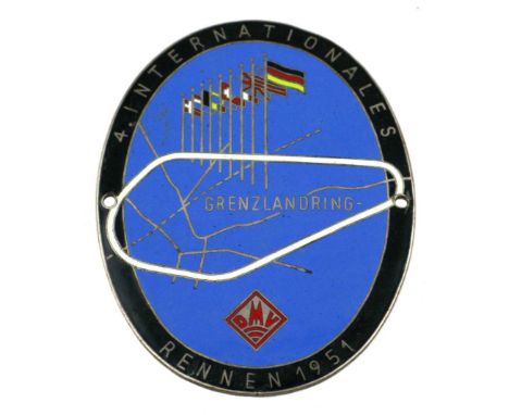 *International Rennen 1951. A four-colour enamel large oval participant's plaque,  having an outline of the course and a line
