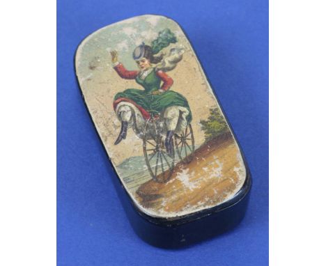 *Patch Box. A small papier-mƒch‚ box with a hinged lid,  with an underglaze colour depiction of a lady riding a VelocipŠde. I