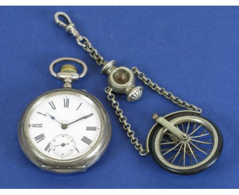 *A Cycling Watch with an engraved Ordinary bicycle image on the rear dust cover,  together with a watch chain fob featuring a