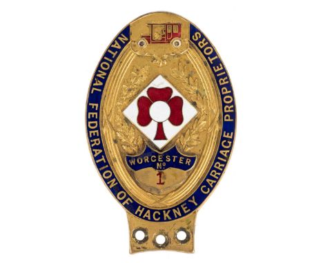 *National Federation of Hackney Carriage Proprietors. An oval badge for Worcester No. 1, early 1920s,  blue enamelled border 