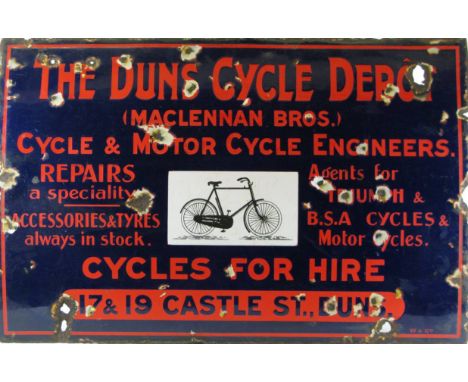 *The Duns Cycle Dep“t. A very rare four-colour enamel sign advertising 'MacLennan Bros, Cycle & Motor Cycle Engineers'.  The 
