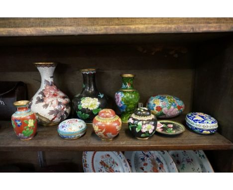 A collection of Chinese cloisonne enamel, largest&nbsp;20.5cm high; together with a Canton enamel oval box and cover, 10cm wi