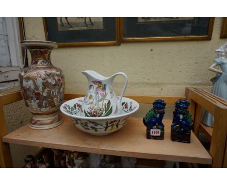 A Japanese Satsuma pottery vase, 32cm high; together with a&nbsp;Portmeirion 'Botanic Garden' jug and basin, jug 21cm high; a