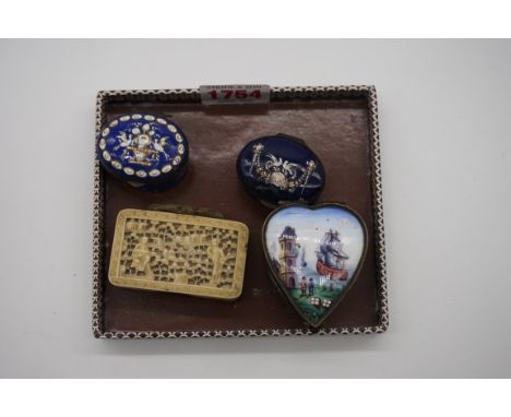 Two similar 18th century blue enamel patch boxes, 4cm wide; together with another Continental heart shaped example; and a 19t