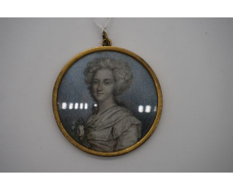 English School, late 18th century, bust length portrait miniature of a lady, on ivory, 7.3cm diameter.&nbsp;&nbsp; 
