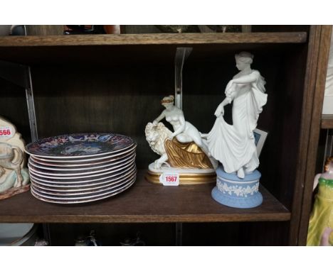 A Wedgwood limited edition Jasperware classical figure, 26.5cm high; together with another Continental porcelain figure; and 