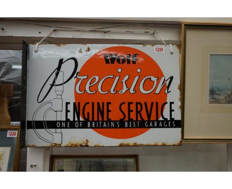 A vintage 'Wolf Precision Engine Service' enamel sign, double sided, 30.5 x 46cm. 