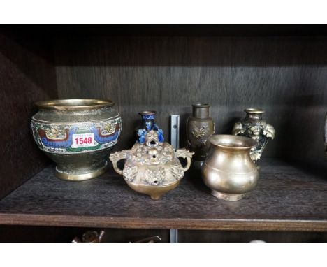 A Chinese brass and cloisonne enamel vase,&nbsp;13cm high; together with a twin handled tripod censer and cover; and four oth