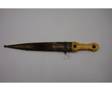 An antique bone handled dagger,&nbsp;having 26.5cm fullered blade, in metal mounted fabric covered scabbard. 