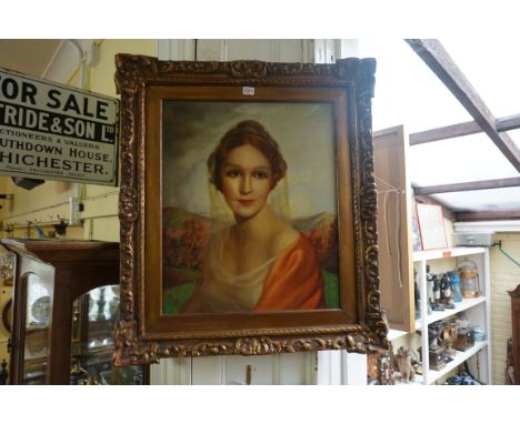 A Spooner, bust length portrait of a lady in a landscape, signed and dated 1935, oil on canvas, 59 x 49cm.&nbsp; 