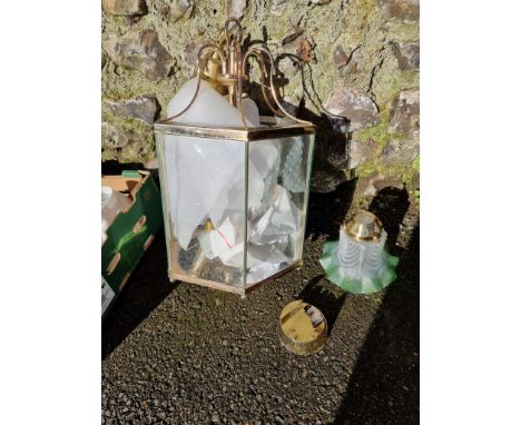 A ceiling lantern; together with a small glass shade; and two brass preserve pans