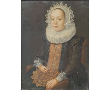 Circle of Frans Hals (Dutch 1582-1666), half length portrait of a seated lady wearing a bridal stomacher, lace diadem and sta