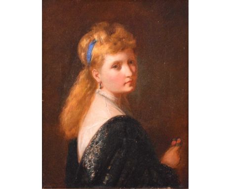 George Augustus Freezor (act.1861-1900) Portrait of a golden haired lady looking back over her shoulder, wearing a white lace