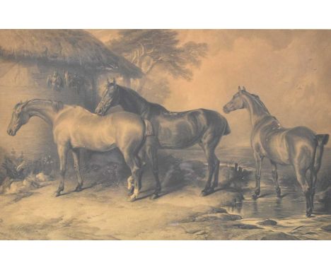 After Landseer, Hunters at Grass, measurements 61 x 87 cm, frame 78 x 104 cm, together with 'Death of the Fox' engraving, pub
