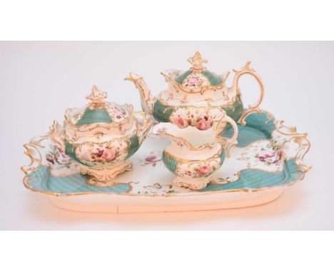 A Coalport cabaret service, circa 1835, comprising teapot and cover, cream jug and twin-handled sucrier, with a tray, pattern