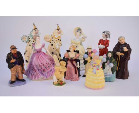 A group of Coalport figures, comprising two clowns; a tinker; rare model of 'Her Ladyship'; 'Balloon Seller'; 'Balloon Man'; 