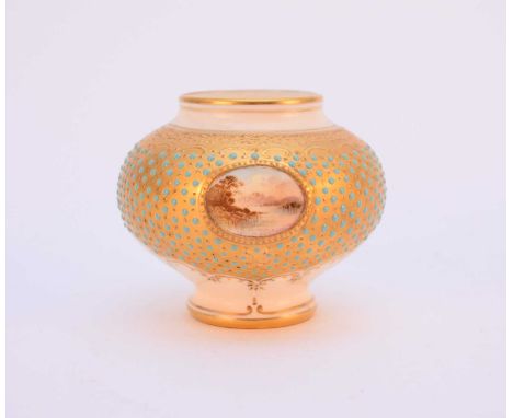 A small Coalport 'jewelled' landscape vase, early 20th century, the white and gilt ground decorated with turquoise jewelling,