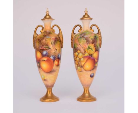 A pair of Royal Worcester vases and covers painted with fruits by Alan Telford, circa 1960-70, artist signed, shape 2710/3, p