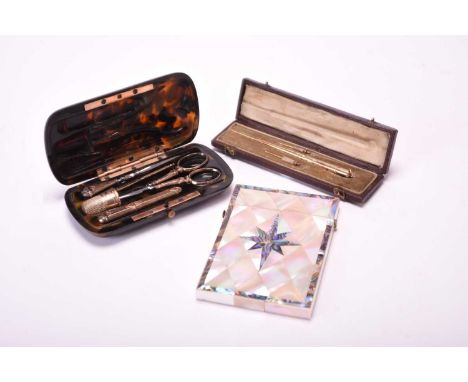 An assembled group of objects of virtueIncluding a 19th century mother-of-pearl and abalone calling card case, 10.2cm, a faux