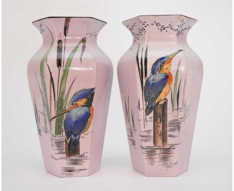 A pair of Art Deco Shelley vases, of hexagonal form, printed and hand-painted with Kingfishers in Bullrushes, most unusually 