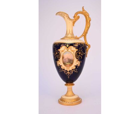 A large Coalport ewer, circa 1891-1919, cobalt and lemon yellow ground with a large oval landscape panel of Arundel Castle, o
