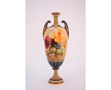 A Royal Worcester twin-handled vase, date mark rubbed but probably circa 1907-10, painted with James Hadley style roses by Wa