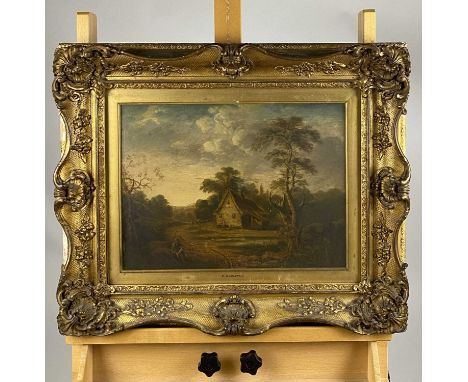 Attributed to Patrick Nasmyth (Scottish 1787-1831) Peasant Resting on a Country Track, thatched cottage and a pool nearby, oi