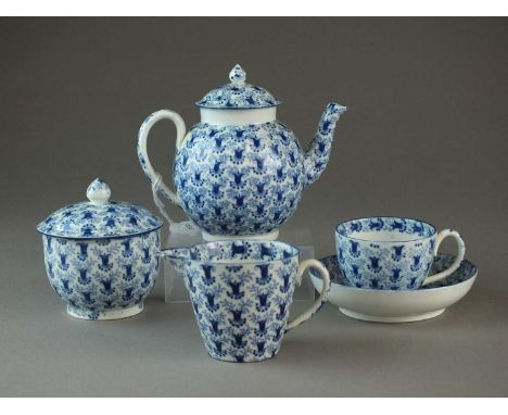 A Rogers pearlware toy tea service circa 1815-20transfer-printed in underglaze blue in a seaweed and flower pattern, comprisi