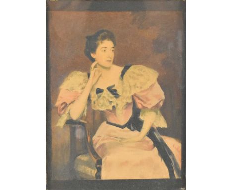 British School (20th century) Portrait of a seated Edwardian Lady in pink dress with lace collar and black velvet bow, waterc